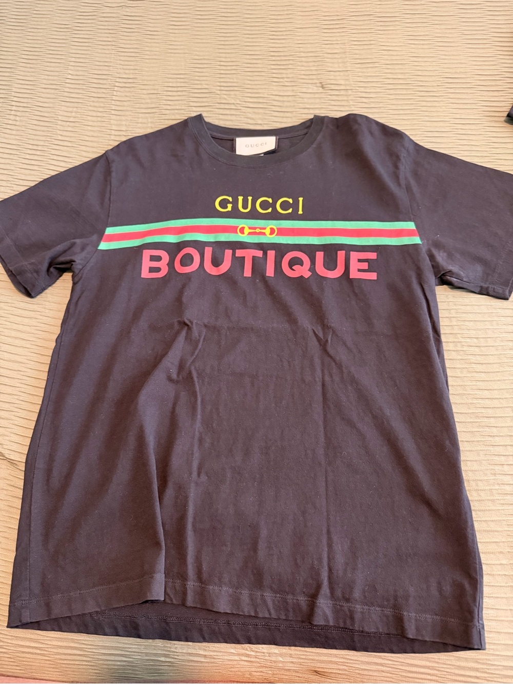 Gucci Black 'Boutique' Logo Tee with Green and Red Stripes